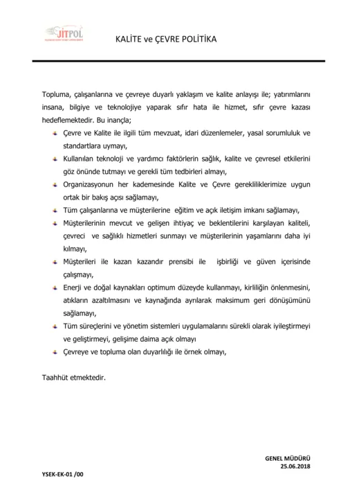 JiTPOL kalite ve çevre politikası